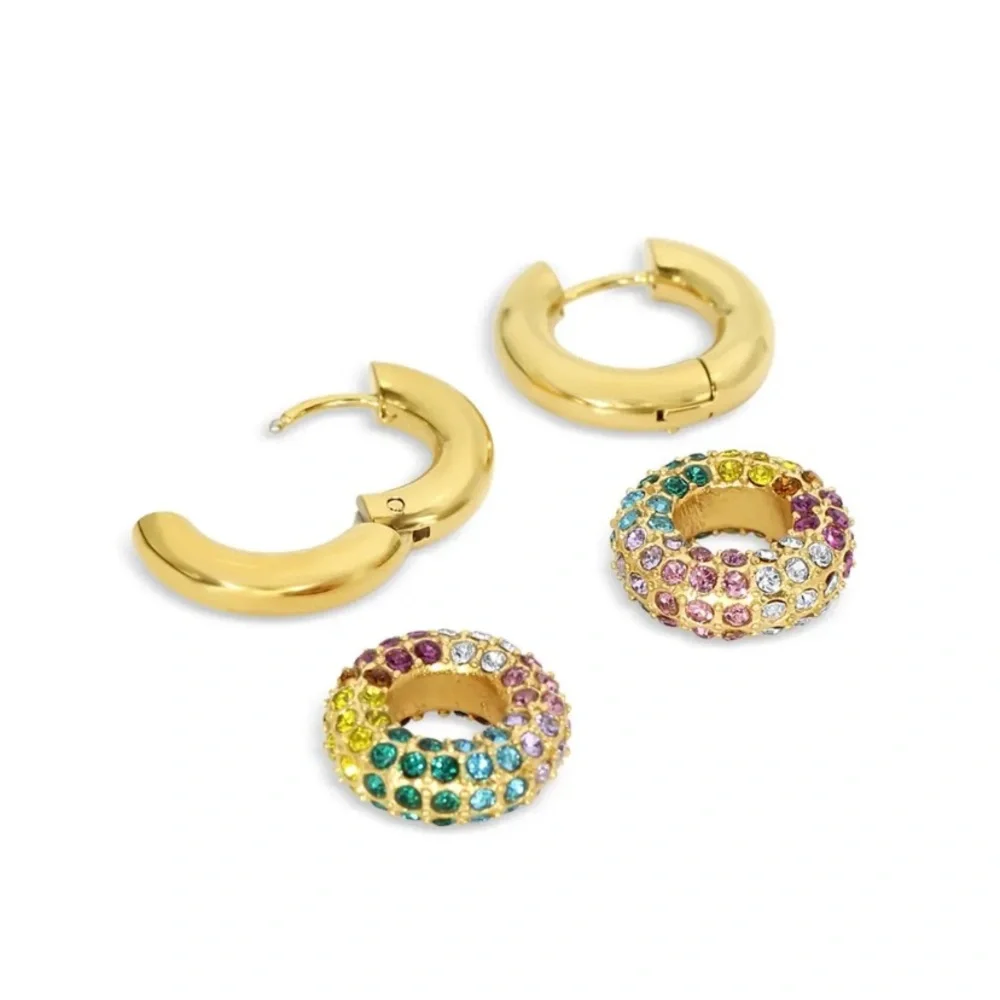 Jackie Mack Rainbow Crystal Gold Tone Double Hoop Earrings - Picture 2 of 5